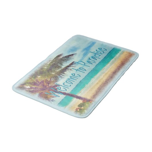 Custom Ocean Beach Palm Tree Aquarellmalerei Badematte (Schrägansicht)