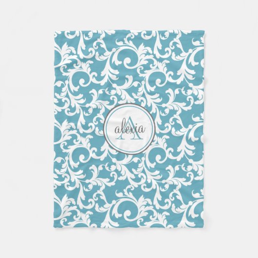 CUSTOM Ocean Blue Elegante Damask Print Fleecedecke (Vorderseite)
