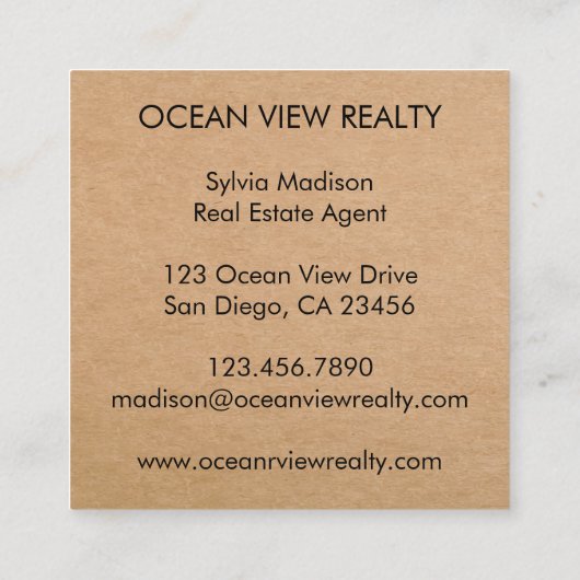 Custom Ocean View Foto Realty Kraft Quadratische Visitenkarte (Rückseite)