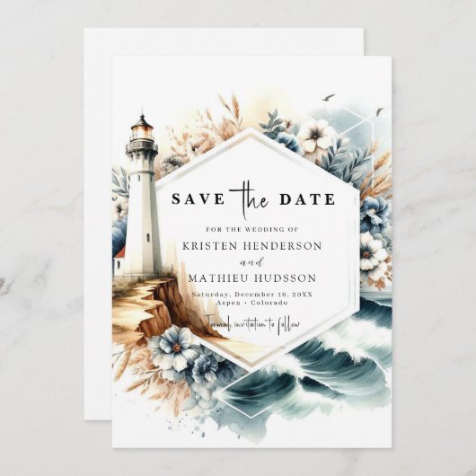 Custom Oceanic Whimsy Lighthouse Hochzeit Save The Date (Vorne/Hinten)