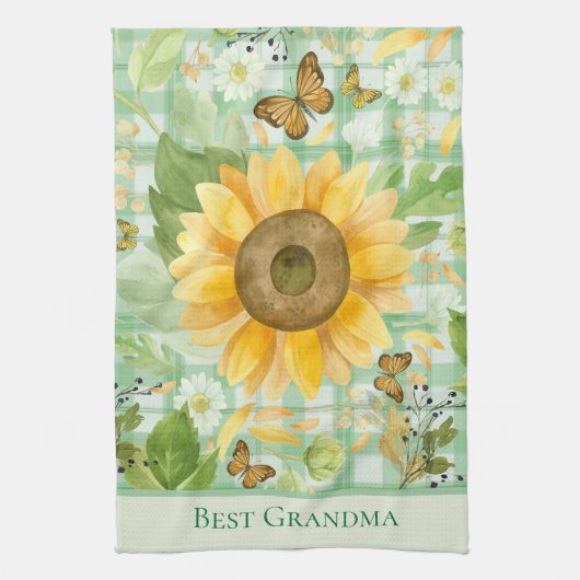 Custom Oma Green Gingham Sunflower Butterfly Geschirrtuch (Vertikal)