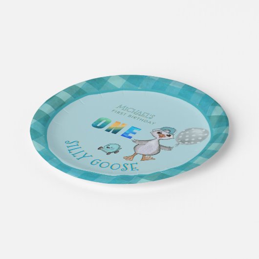 Custom ONE Albern Gänse Blue Party Plate Pappteller (Schrägansicht)