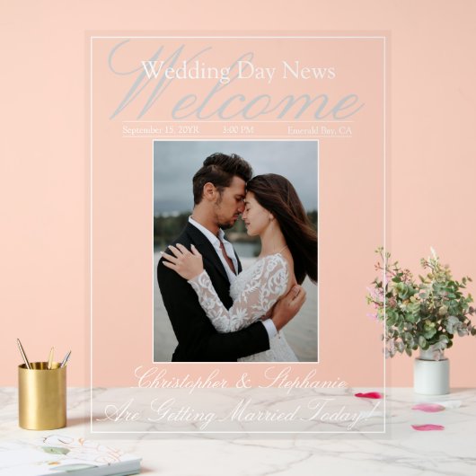 Custom One Foto Elegante Script Wedding Welcome Acrylschild (Hochzeit)