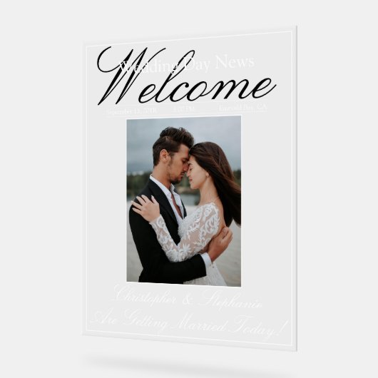 Custom One Foto Elegante Script Wedding Welcome Acrylschild (Winkel)