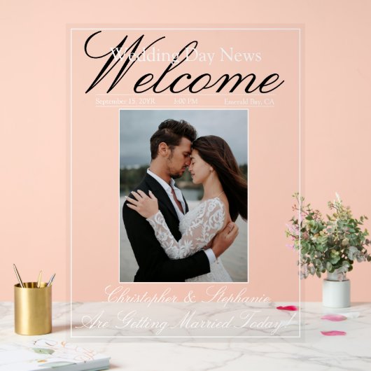 Custom One Foto Elegante Script Wedding Welcome Acrylschild (Hochzeit)