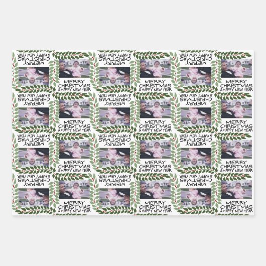 Custom One Foto Frohe Weihnachts-Blätter Berries Geschenkpapier Set (Vorderseite)