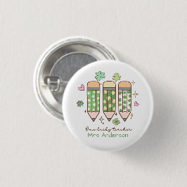 Custom One Lucky Teacher Shamrock Retro Pencil Button