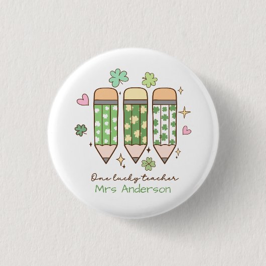 Custom One Lucky Teacher Shamrock Retro Pencil Button (Vorderseite)