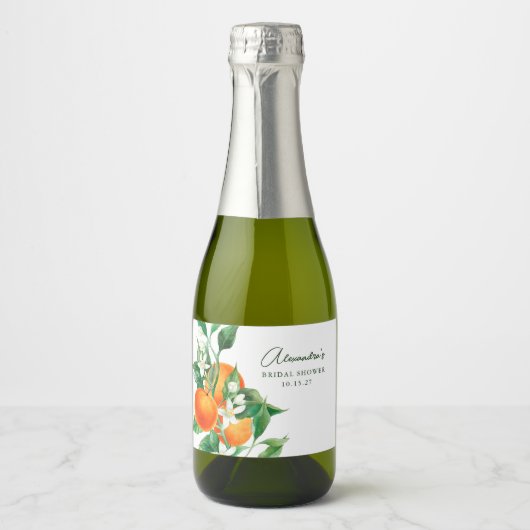 Custom Orange Frucht Botanisches Brautparty Mini Schaumweinetikett (Vorderseite)