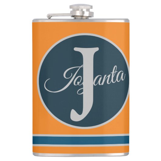 Custom orange greay blue Monogram Elegant Flachmann (Vorderseite)