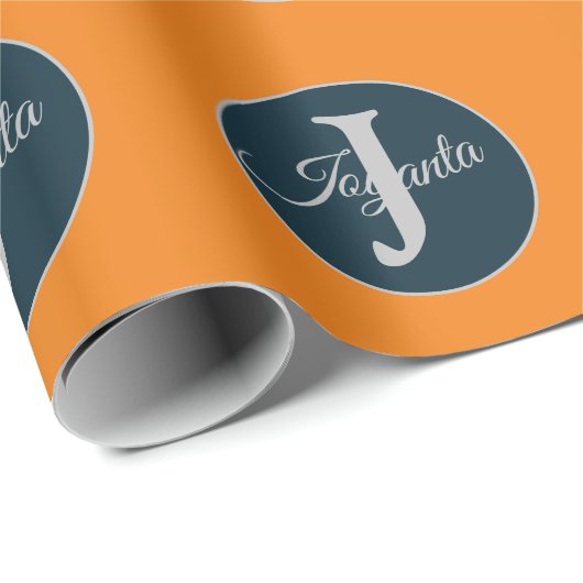 Custom  orange greay blue Monogram Elegant Geschenkpapier (Rolleneckpunkt)