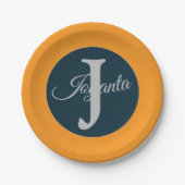 Custom  orange greay blue Monogram Elegant Pappteller (Vorderseite)