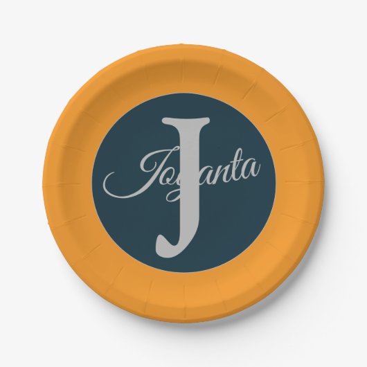 Custom orange greay blue Monogram Elegant Pappteller (Vorderseite)