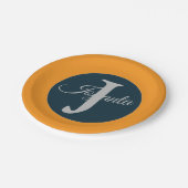 Custom orange greay blue Monogram Elegant Pappteller (Schrägansicht)