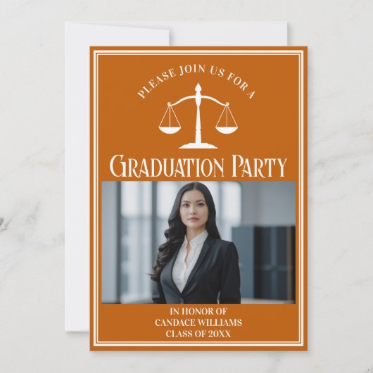Custom Orange Law School Abschluss Foto Party Einladung (Vorderseite)