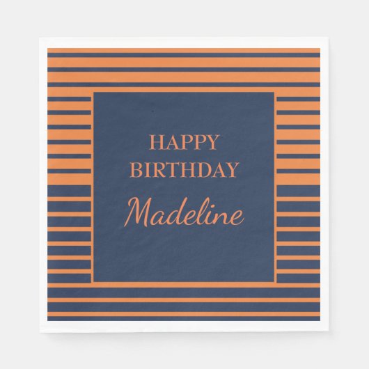 Custom Orange Navy Blue Striping Geburtstagsparty Serviette (Vorderseite)