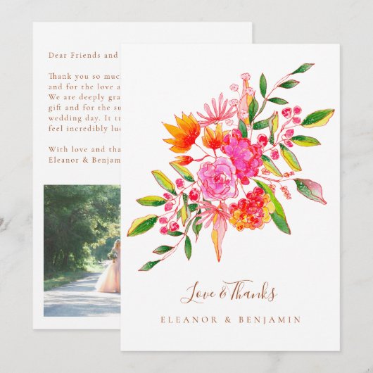 Custom Orange Watercolor Botanical Photo Wedding Dankeskarte (Vorne/Hinten)