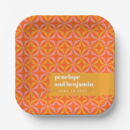 Custom Orange Yellow Retro Typografy Wedding Pappteller
