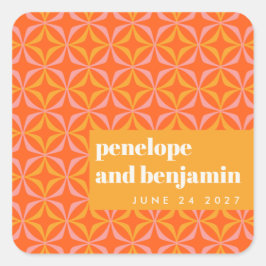 Custom Orange Yellow Retro Typografy Wedding Quadratischer Aufkleber