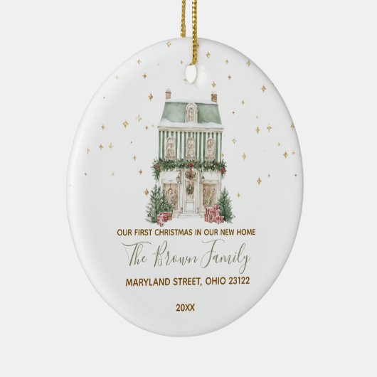 Custom Our First Christmas New Home Gold Snowflake Keramik Ornament (Rechts)