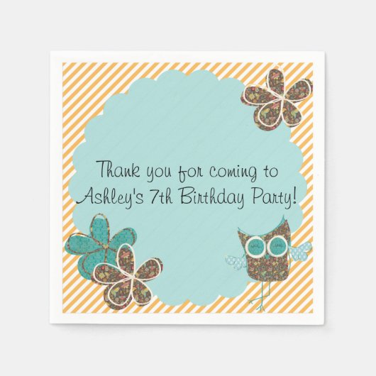 Custom Owl Birthday Party Paper Napkins Serviette (Vorderseite)