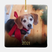 Custom Own Pet Foto Elegantes Gold Script Weihnach Keramikornament (Rückseite)