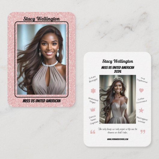 Custom Pageant Trading Cards | Rose Gold Glitter Visitenkarte (Vorne/Hinten)