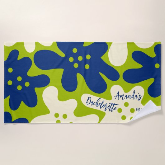 Custom Paint Blue und Green Blume Bachelorette Strandtuch (Vorderseite)