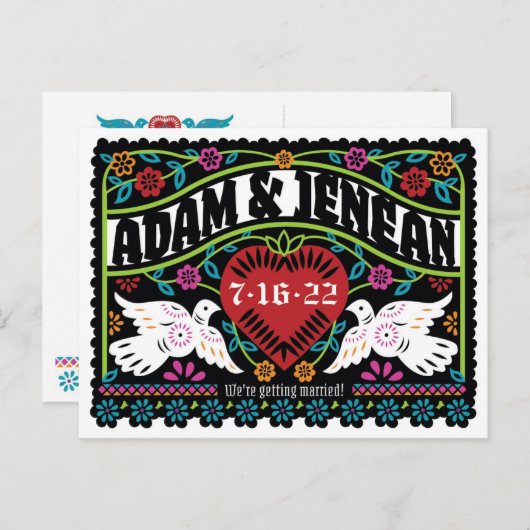 Custom Papado Picado Style Lovebirds Save the Date Ankündigungspostkarte (Vorne/Hinten)