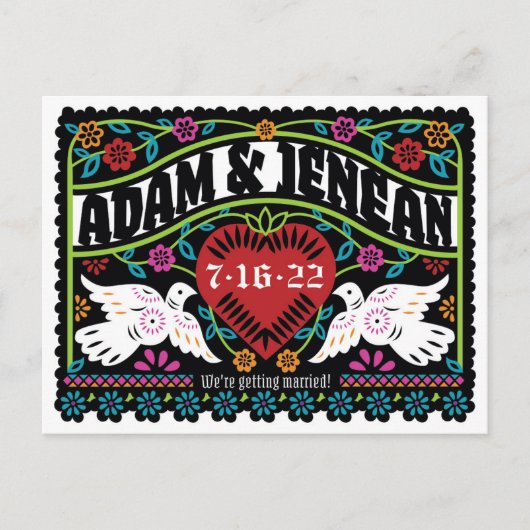 Custom Papado Picado Style Lovebirds Save the Date Ankündigungspostkarte (Vorderseite)