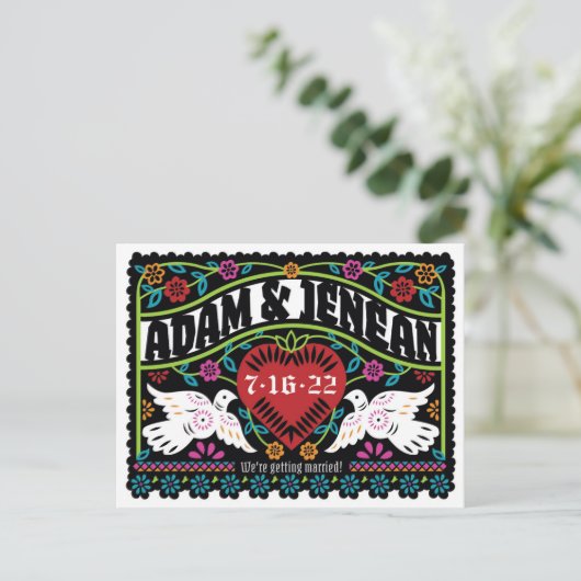 Custom Papado Picado Style Lovebirds Save the Date Ankündigungspostkarte (Stehend Vorderseite)
