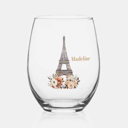 Custom Paris Eiffel Tower Beautiful Floral Weinglas Ohne Stiel (Vorderseite)