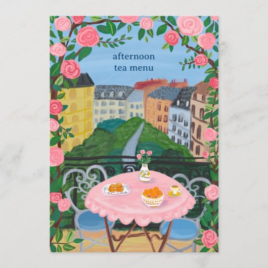 CUSTOM Paris Tee am Balkon mit Aussicht Kunst Menükarte (Vorderseite)