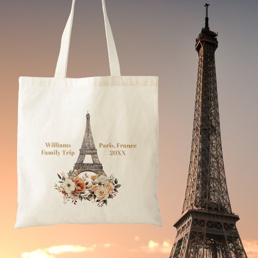 Custom Paris Trip Eiffel Tower Floral Tragetasche