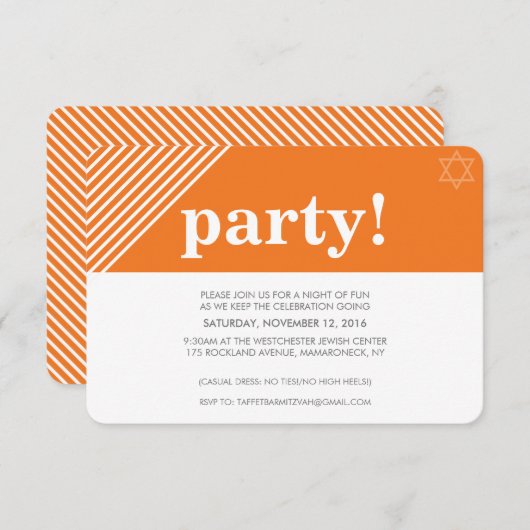 CUSTOM PARTY cool moderne, fettfarbene Orange Einladung (Vorne/Hinten)