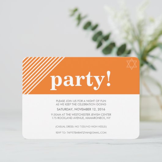 CUSTOM PARTY cool moderne, fettfarbene Orange Einladung (Stehend Vorderseite)