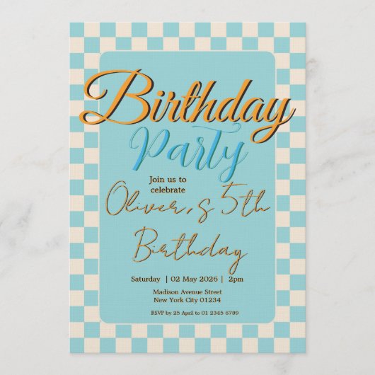 Custom Pastel Blue Checkered Birthday Party Einladung (Vorderseite)