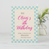 Custom Pastel Blue Checkered Birthday Party Einladung (Stehend Vorderseite)