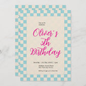 Custom Pastel Blue Checkered Birthday Party Einladung (Vorne/Hinten)