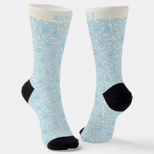 Custom Pastel Blue Green Cream Paisley Muster Socken (Gewinkelt)