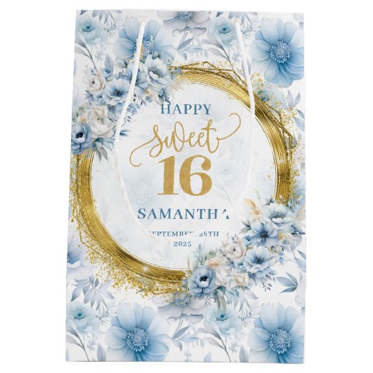 Custom Pastel Blue Sweet 16 Gold Glitzer Geschenkt Mittlere Geschenktüte (Rückseite)