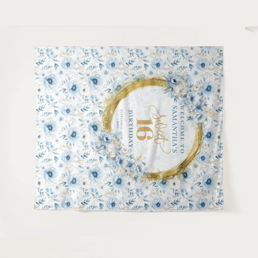 Custom Pastel Blue Sweet 16 Gold Glitzer Tapestry Wandteppich (Vorderseite (Horizontal))