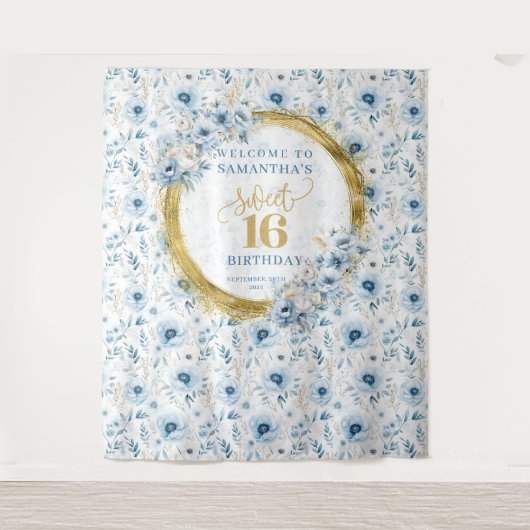 Custom Pastel Blue Sweet 16 Gold Glitzer Tapestry Wandteppich (Vorderseite)