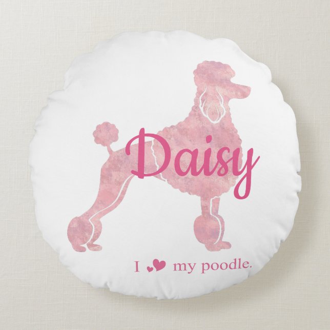 Custom Pastel Pink Poodle Silhouette round cushion Rundes Kissen (Vorderseite)