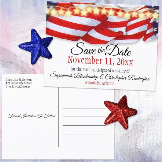 Custom Patriotic Bunting Stars Save the Date Ankündigungspostkarte