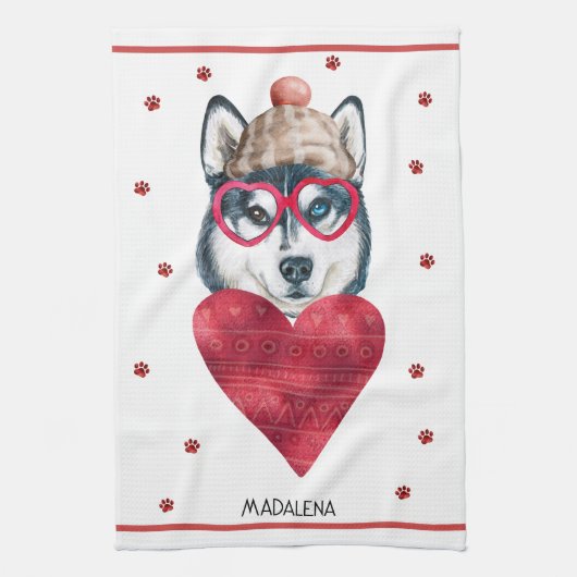 Custom Paws Dog Lover Valentine Geschenk Husky Geschirrtuch (Vertikal)