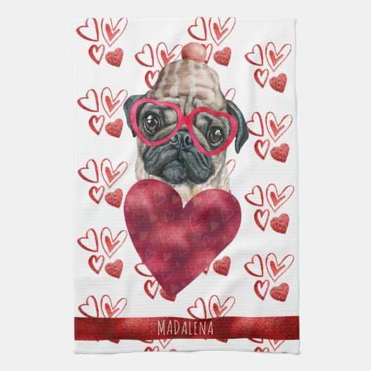 Custom Paws Hund Lover Valentine Geschenk Mops Geschirrtuch (Vertikal)