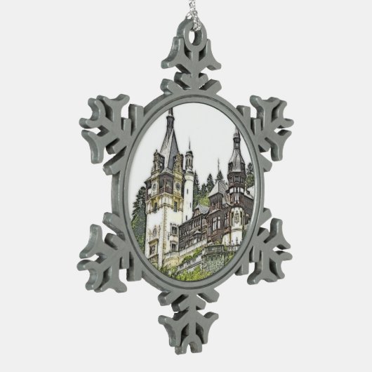 Custom Peles Castle Rumänien Schneeflocken Zinn-Ornament (Links)