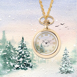 Custom Pendant Watch Necklace - Snowy Winter Fores Armbanduhr