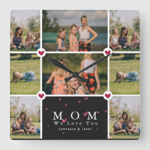 Custom Personalized Love You Mom 8 Photo collage Quadratische Wanduhr